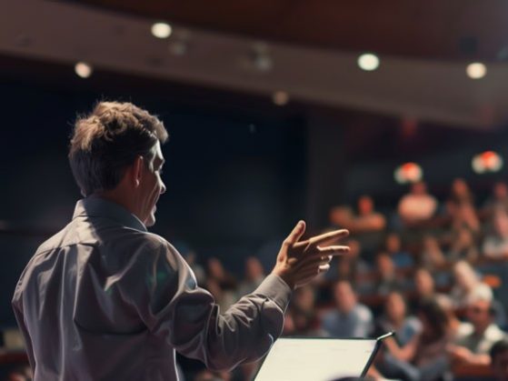 Professor Giving Lecture to Engaged Students in University Auditorium