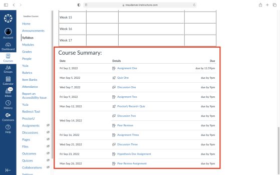 Screenshot of Canvas Syllabus Course Summary