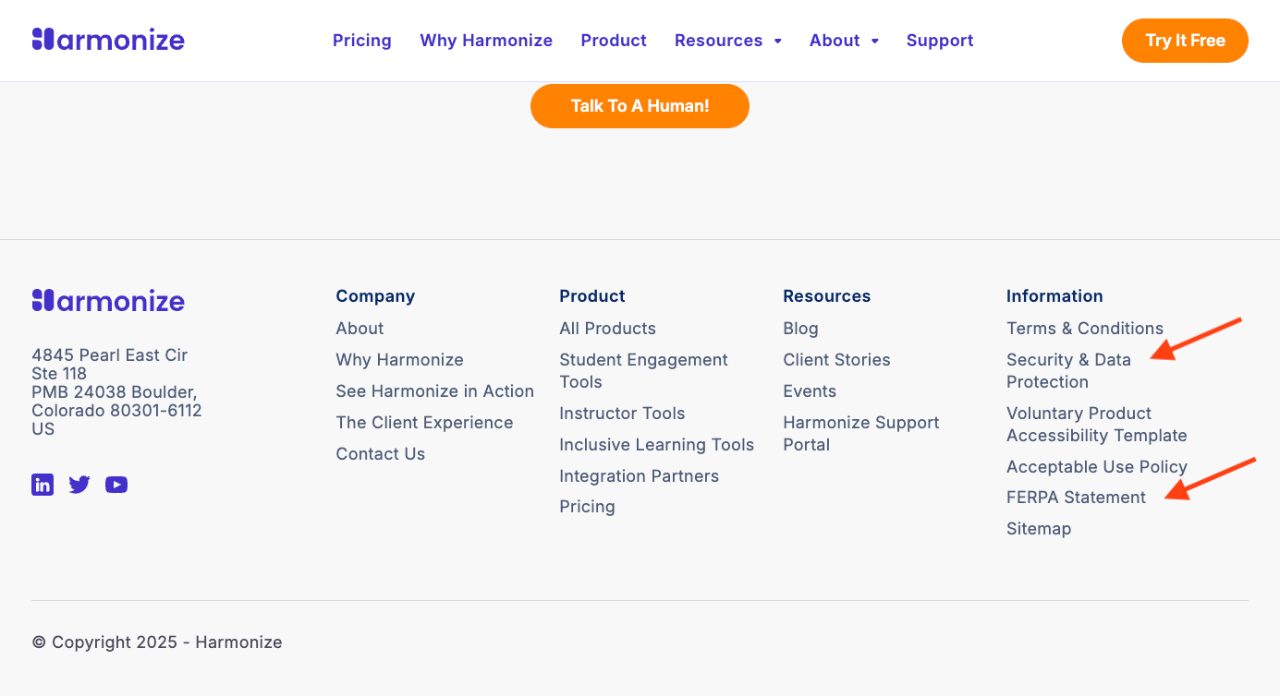 Harmonize screenshot directing to Security and Data and to FERPA