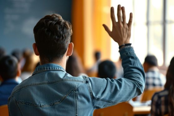 Back of man with hand raised
