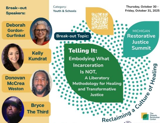 Graphic with headshot of speakers along with the title of the presentation on a geometric leaf design