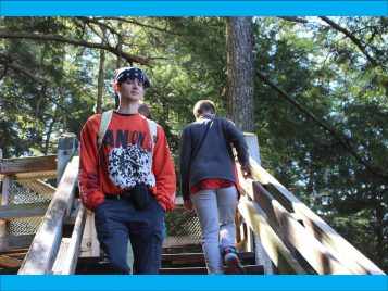 Person walking down stairs outside in a forest