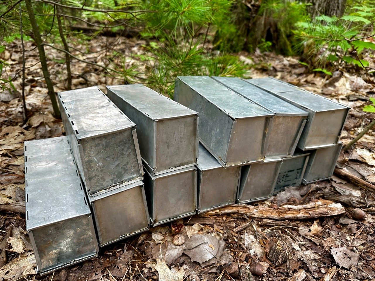 Metal trap boxes stacked on the forest floor