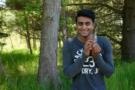 Man in a forest holding a plant