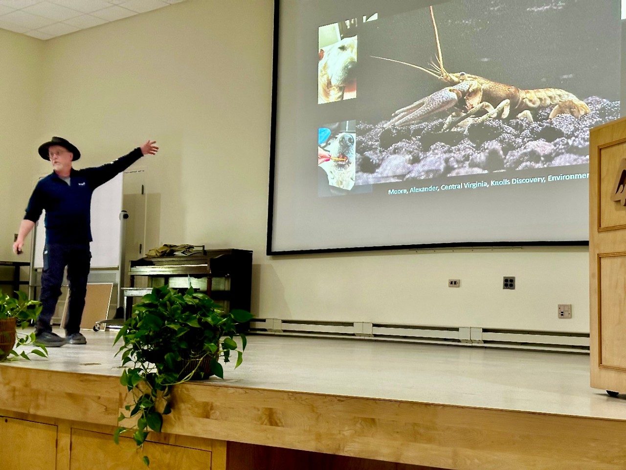 Man pointing at a screen that has a crayfish on it