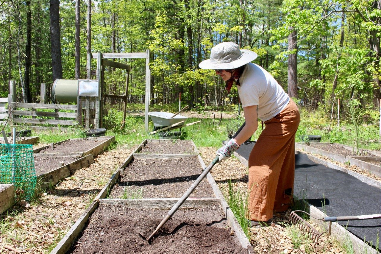 Person using a hoe in a garden