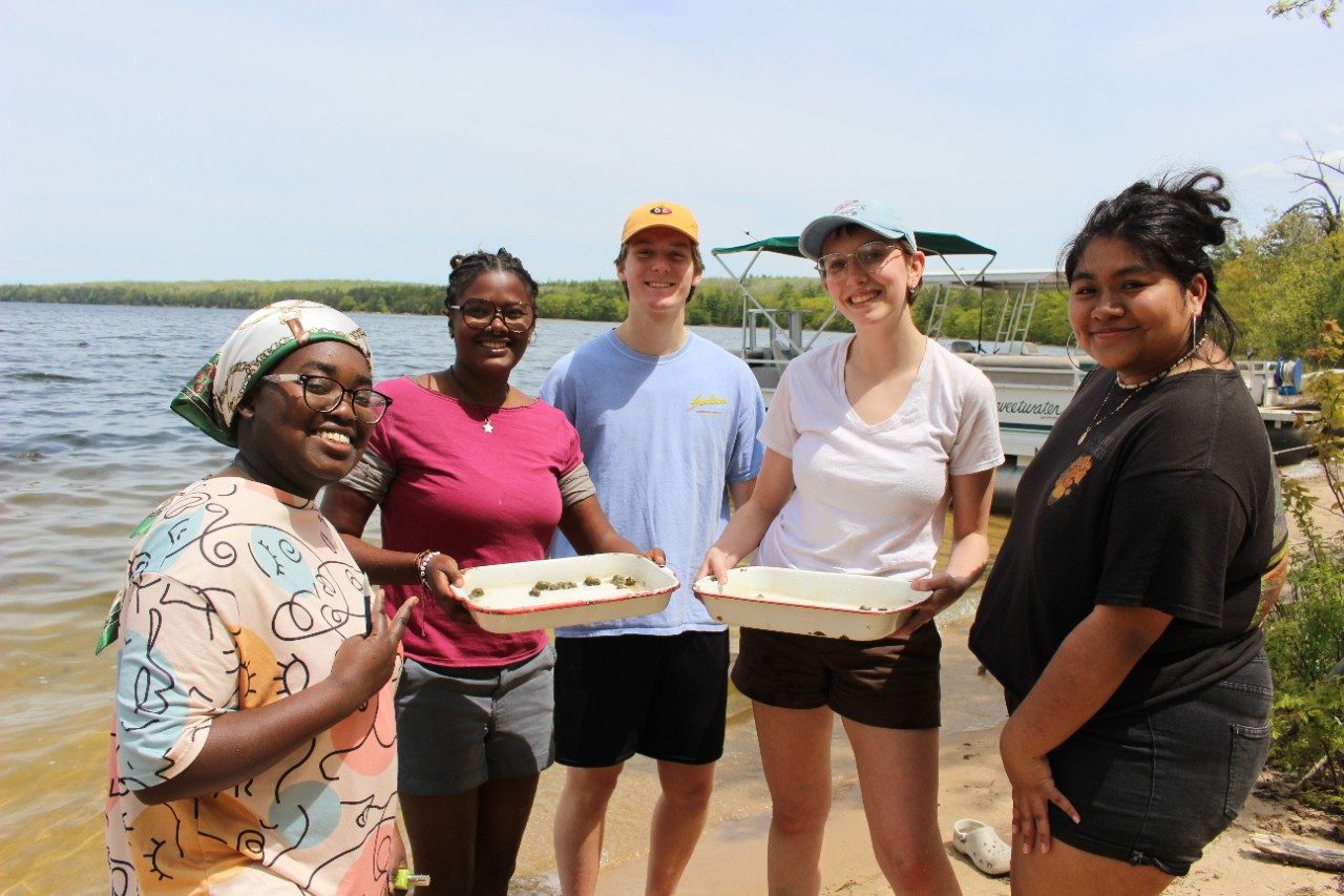 People standing along a lakeshore holding pans with snails