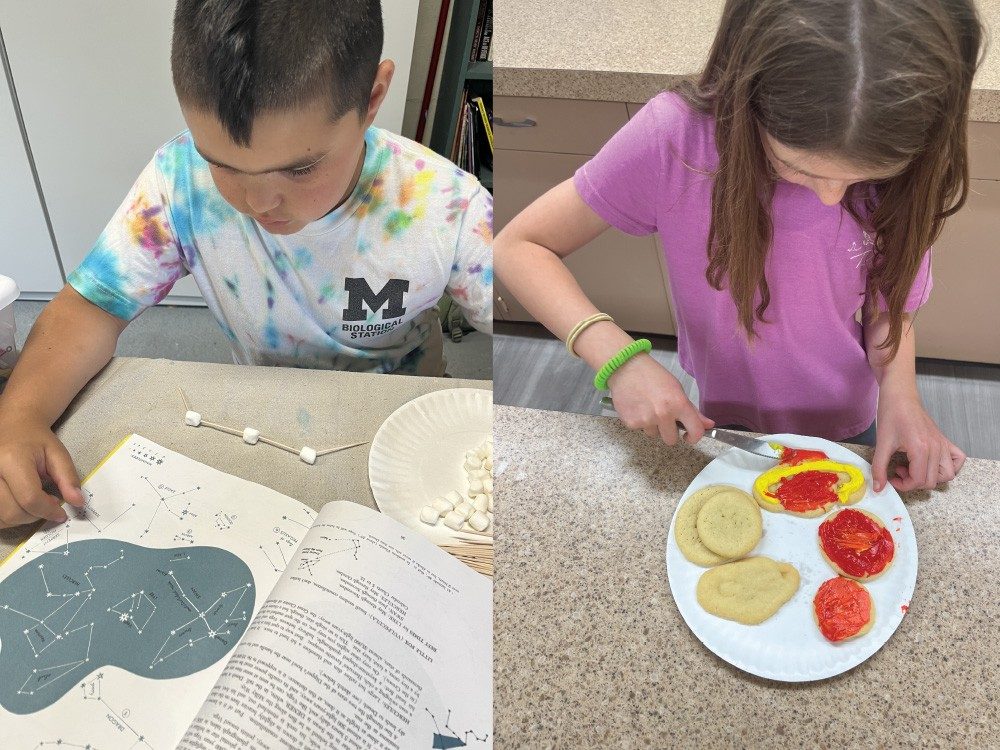 Two children working on craft and cooking projects