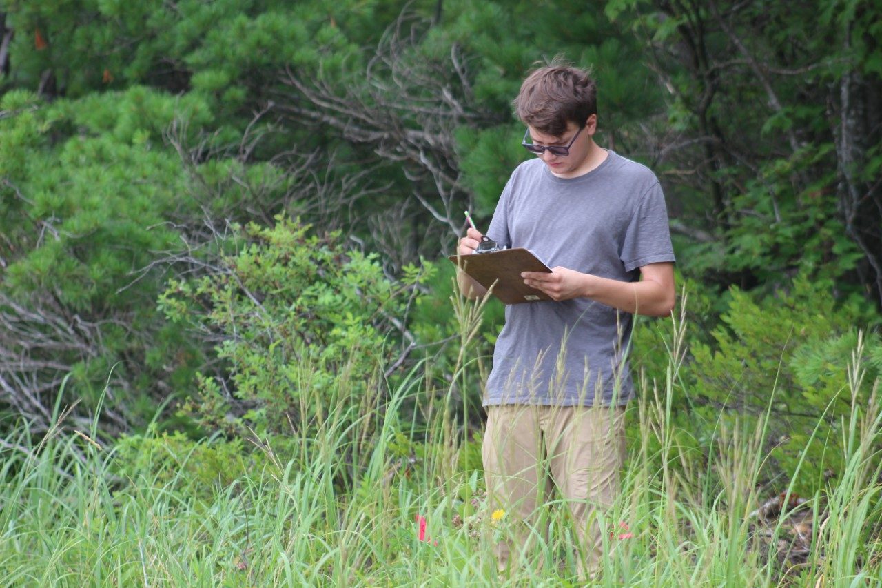 Person writing in a notebook in a field