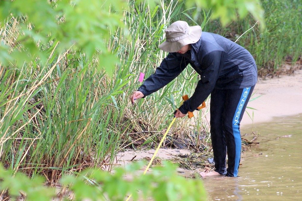 Person measuring on the shoreline