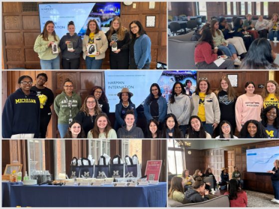 This image is a collage of four photos from a community or educational event hosted by WISE RP and Harman International.  The top-left photo shows a group of women holding Harman-branded products (likely headphones or speakers) while posing in front of a presentation slide titled "Harman International." The top-right photo features a group of attendees sitting in a cozy room, engaged in discussion or activities, with snacks and drinks visible. The bottom-left photo displays a table setup with Michigan-branded tote bags, refreshments, and labeled items for what appears to be a gift distribution or networking session. The bottom-right photo captures a speaker presenting in front of a screen displaying a graph, while the audience listens attentively in a wood-paneled room. The setting and branding suggest a professional or networking event aimed at fostering community and engagement.