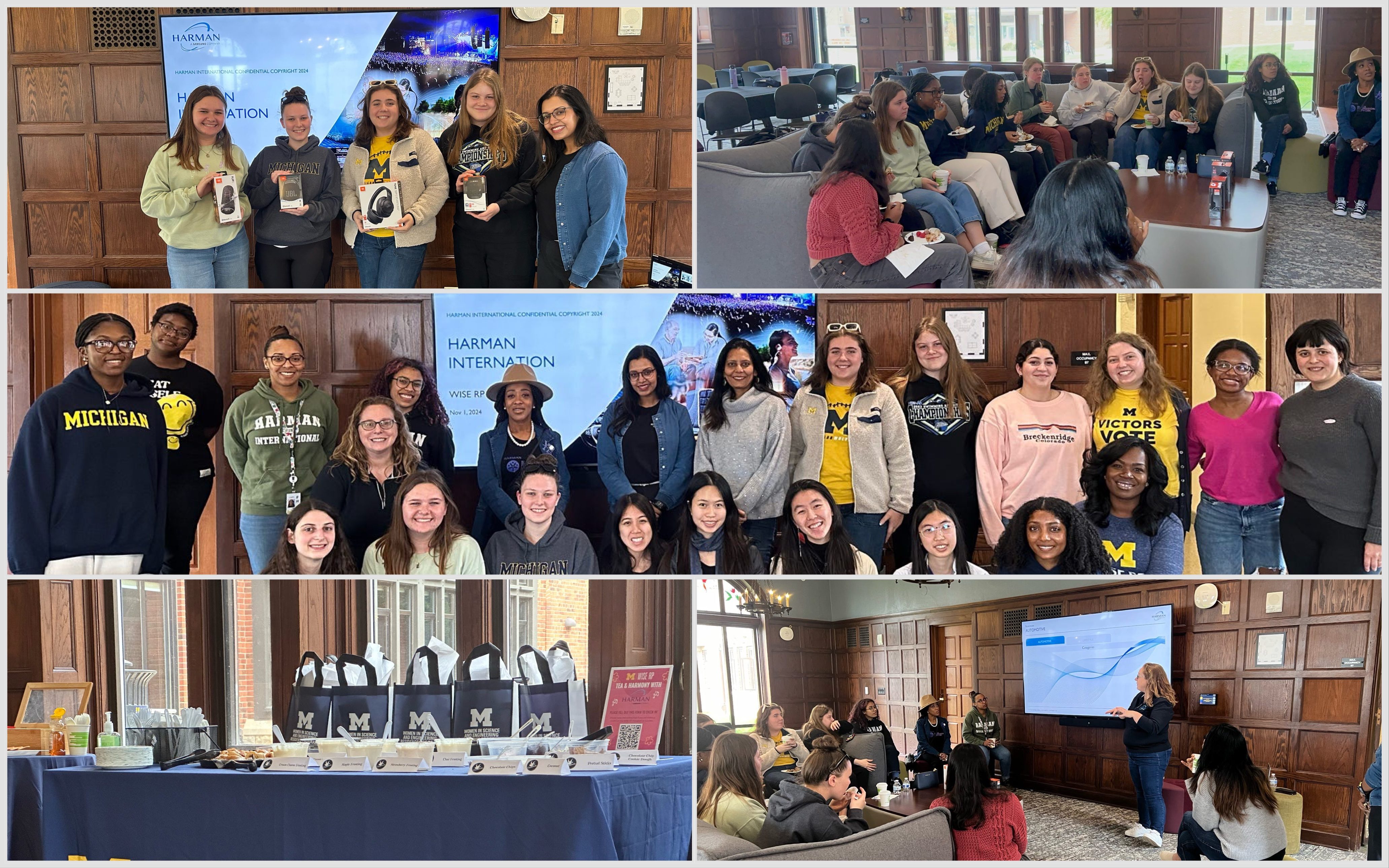 This image is a collage of four photos from a community or educational event hosted by WISE RP and Harman International.  The top-left photo shows a group of women holding Harman-branded products (likely headphones or speakers) while posing in front of a presentation slide titled "Harman International." The top-right photo features a group of attendees sitting in a cozy room, engaged in discussion or activities, with snacks and drinks visible. The bottom-left photo displays a table setup with Michigan-branded tote bags, refreshments, and labeled items for what appears to be a gift distribution or networking session. The bottom-right photo captures a speaker presenting in front of a screen displaying a graph, while the audience listens attentively in a wood-paneled room. The setting and branding suggest a professional or networking event aimed at fostering community and engagement.